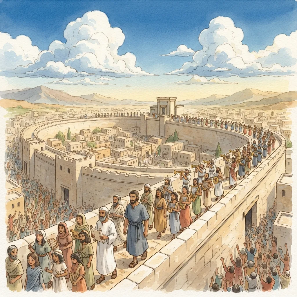 The Wall Is Dedicated: a painted scene illustrating Nehemiah 12.