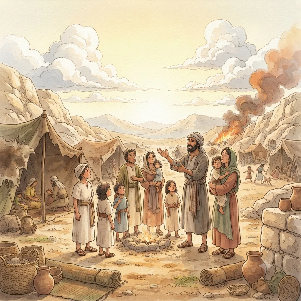 Complaining and Quail: a painted scene illustrating Numbers 11.