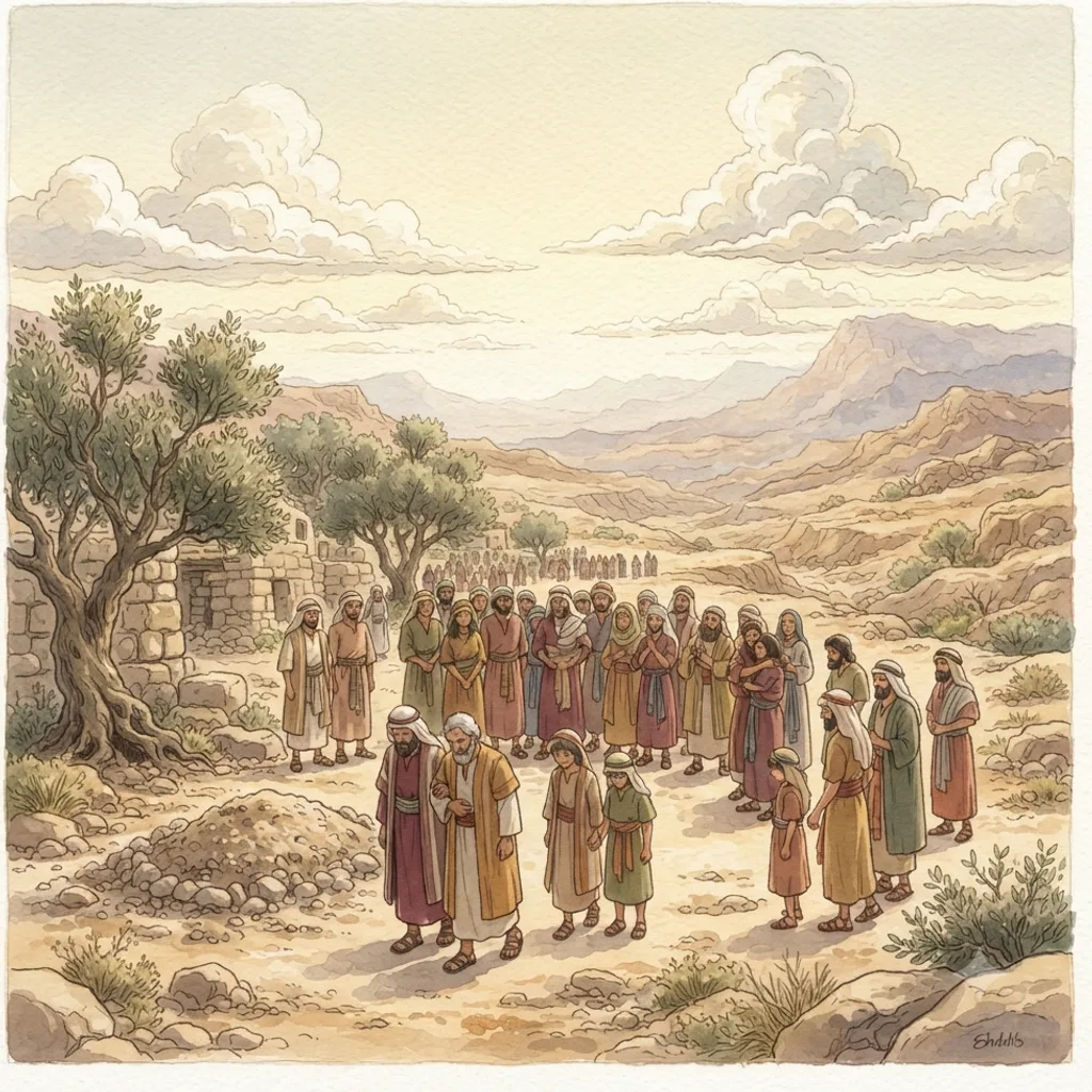 Water from the Rock and Aaron's Death: a painted scene illustrating Numbers 20.