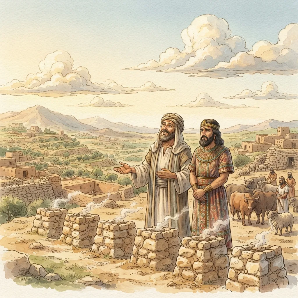Balaam Blesses Israel: a painted scene illustrating Numbers 23.