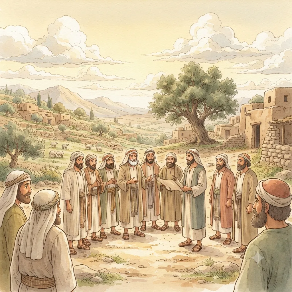 The Inheritance of Zelophehad's Daughters: a painted scene illustrating Numbers 36.