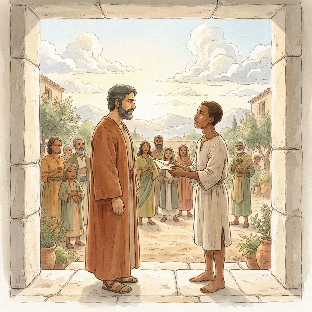 Receive Him as a Brother: a painted scene illustrating Philemon 1.