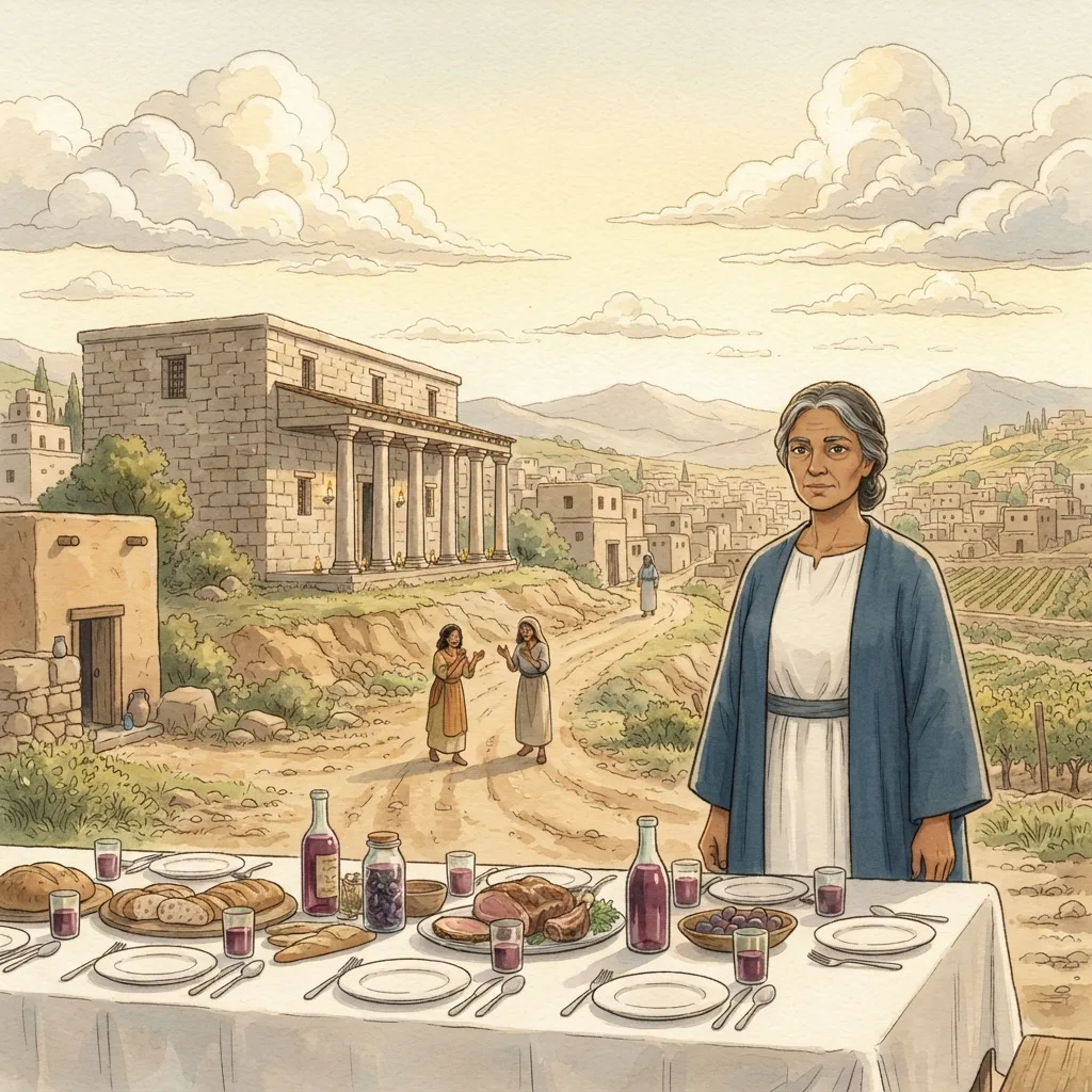 Wisdom and Folly: a painted scene illustrating Proverbs 9.