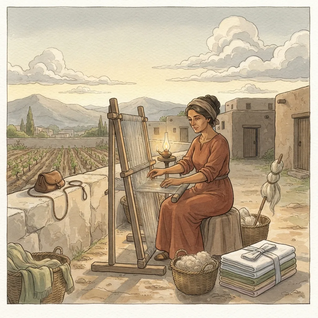 The Noble Woman: a painted scene illustrating Proverbs 31.