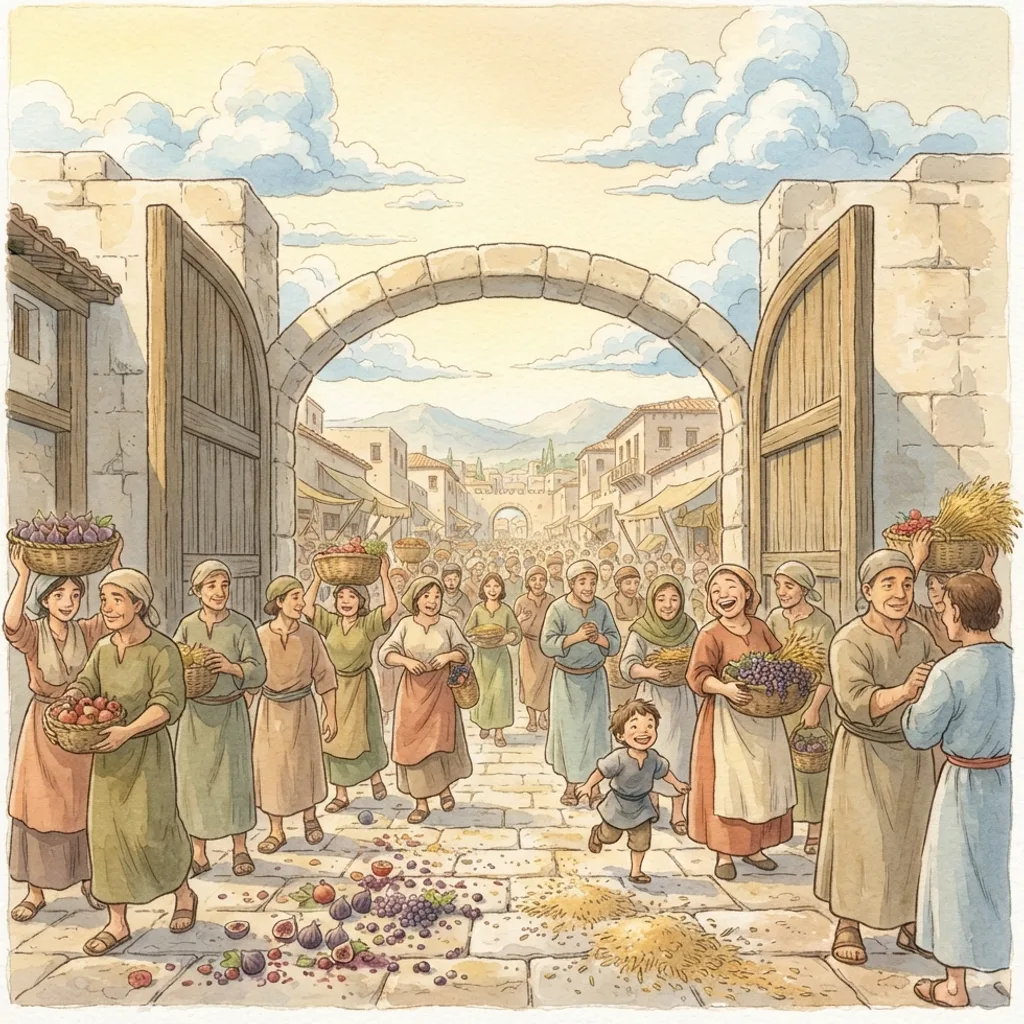 Make a Joyful Noise: a painted scene illustrating Psalms 100.