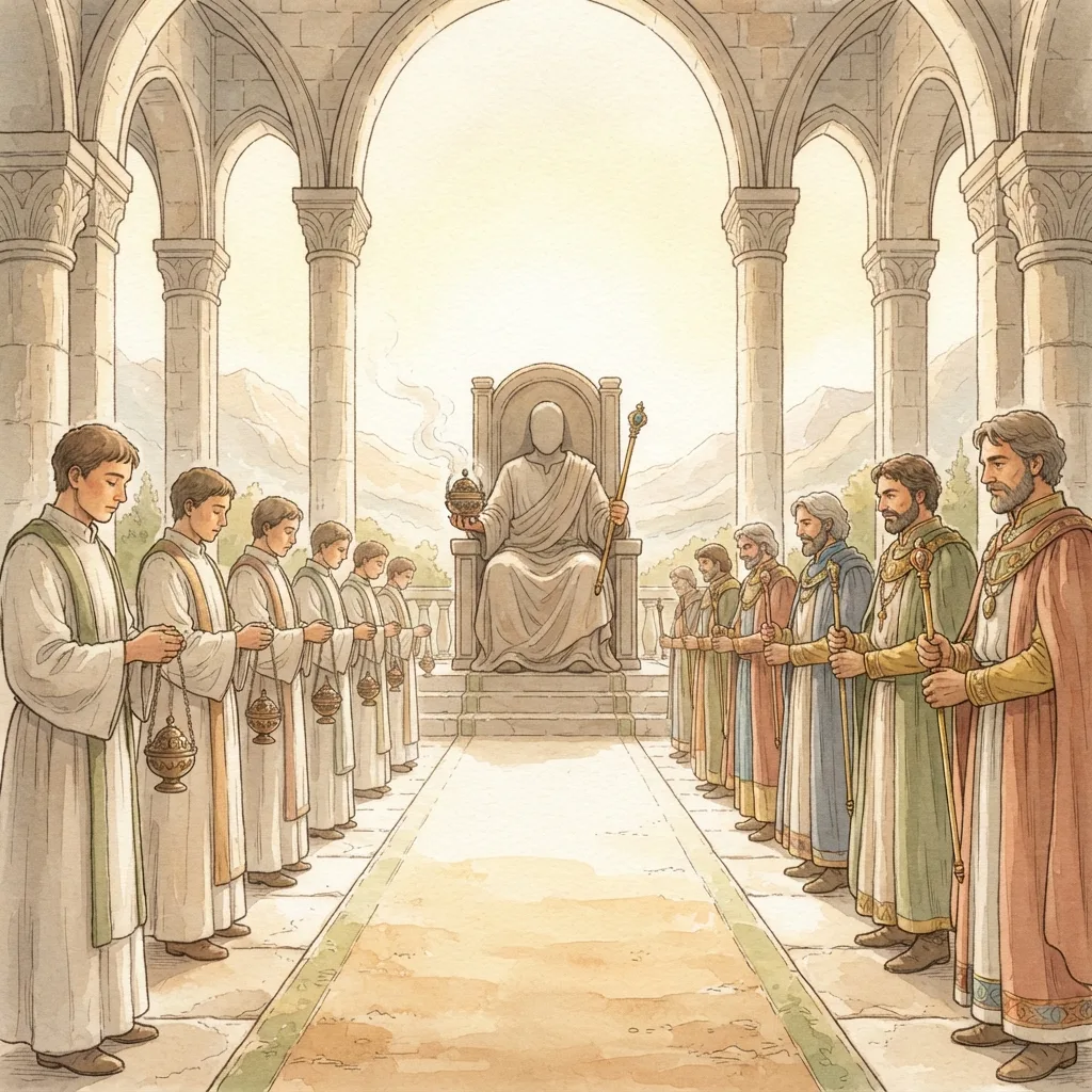 The King and Priest: a painted scene illustrating Psalms 110.