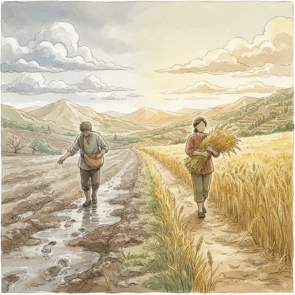 Restoration and Joy: a painted scene illustrating Psalms 126.