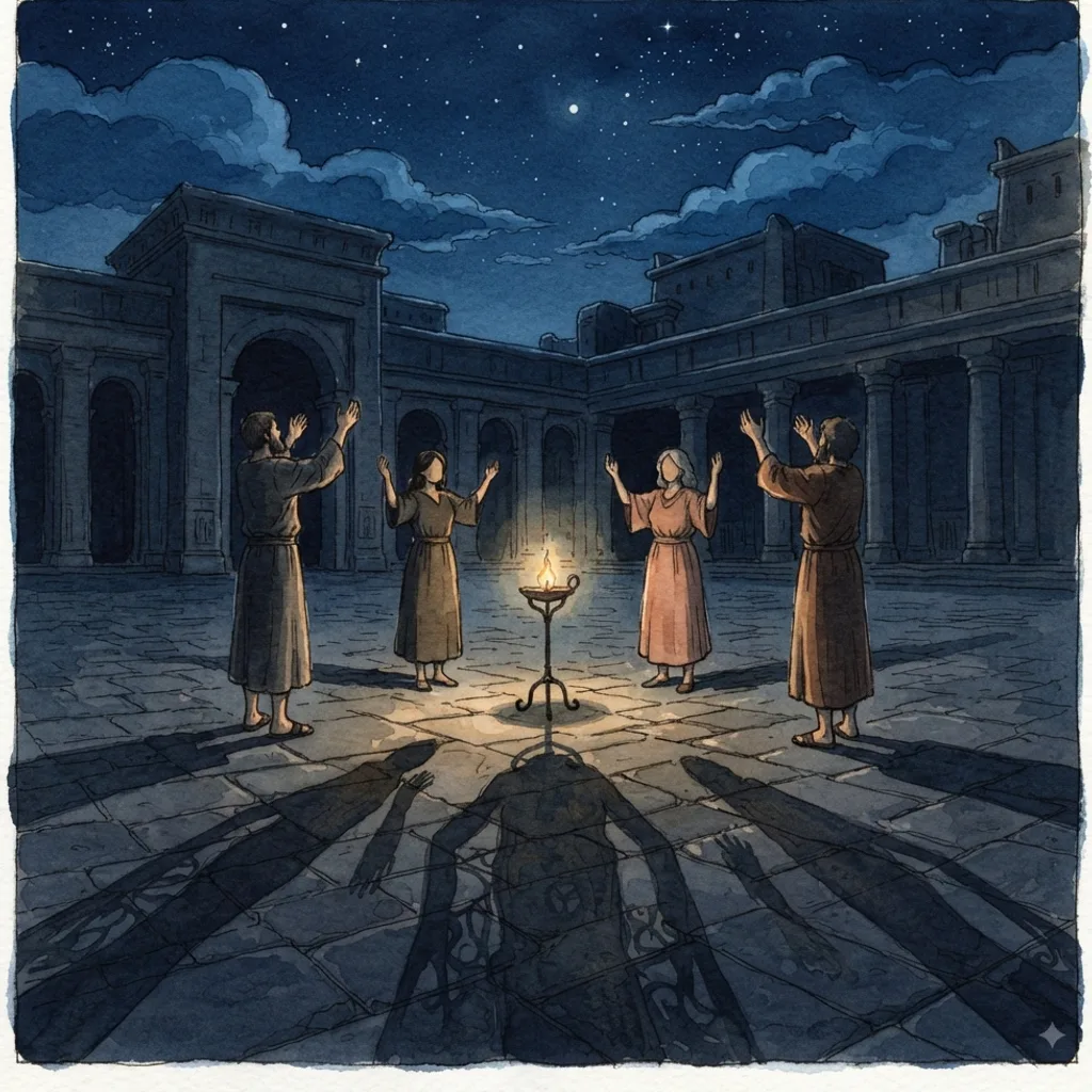 Bless the Lord by Night: a painted scene illustrating Psalms 134.