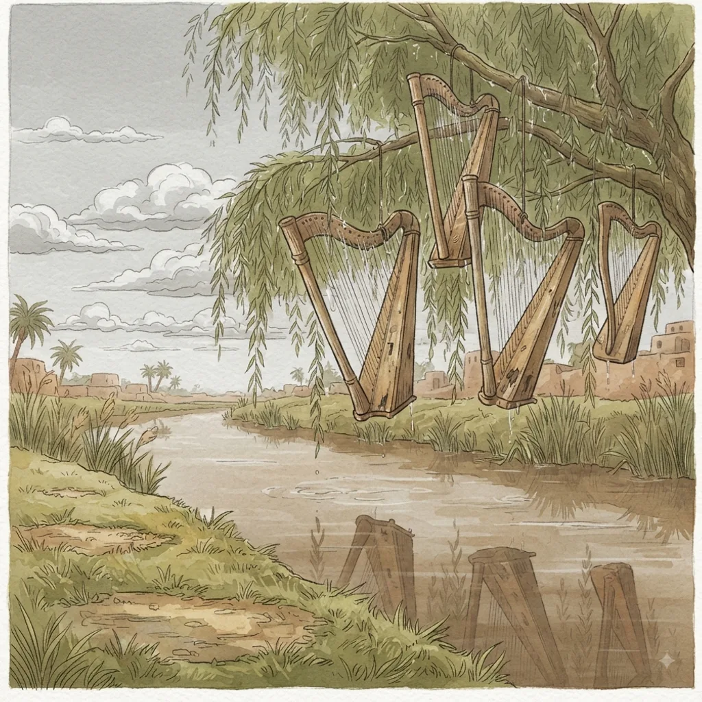 By the Rivers of Babylon: a painted scene illustrating Psalms 137.