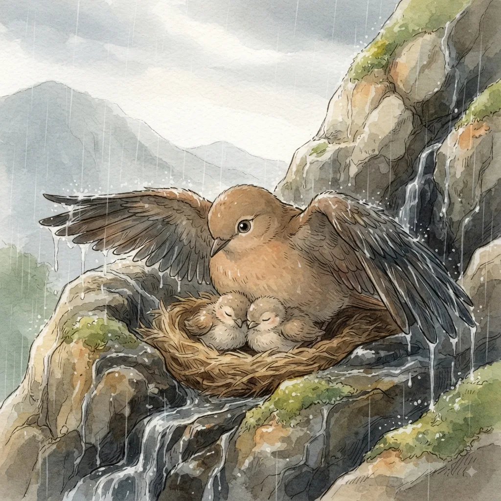 Hide Me Under Your Wings: a painted scene illustrating Psalms 17.