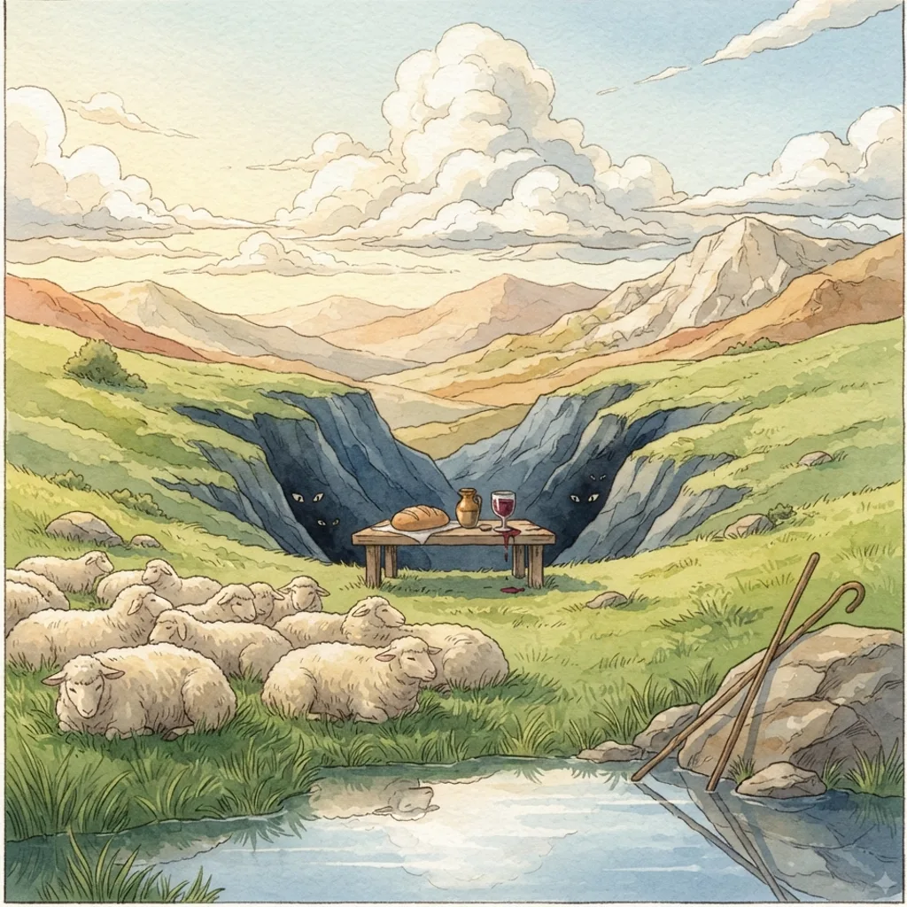 The Lord Is My Shepherd: a painted scene illustrating Psalms 23.