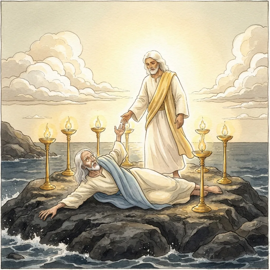 The Revelation of Jesus Christ: a painted scene illustrating Revelation 1.