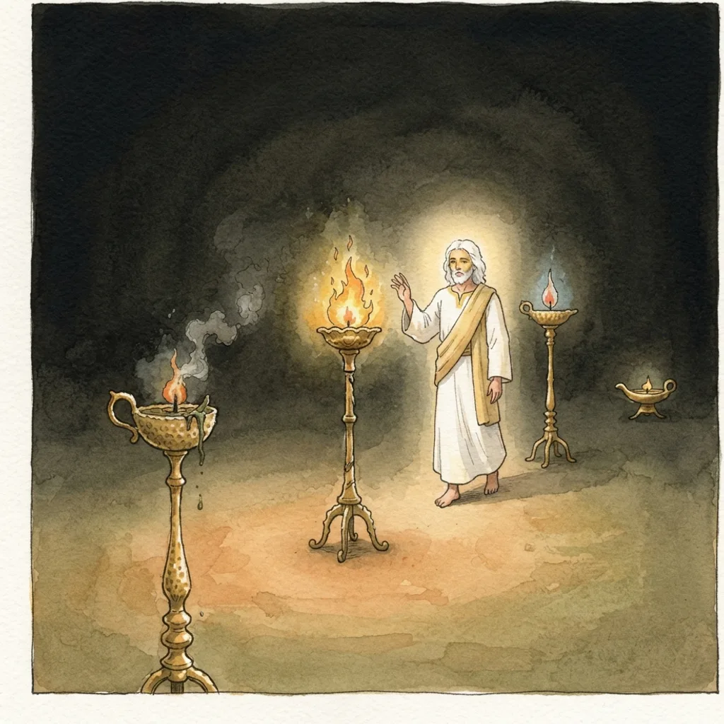Letters to Four Churches: a painted scene illustrating Revelation 2.
