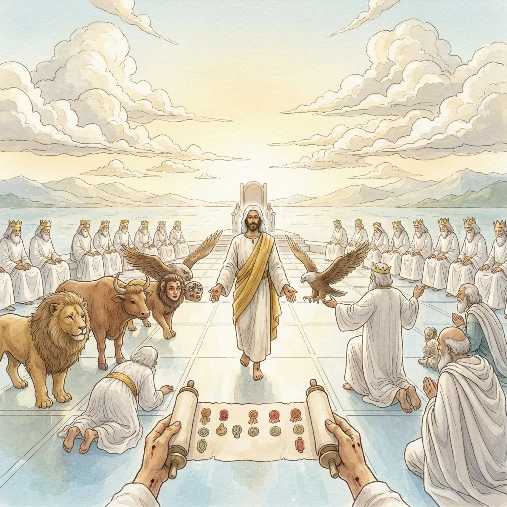 The Worthy Lamb: a painted scene illustrating Revelation 5.