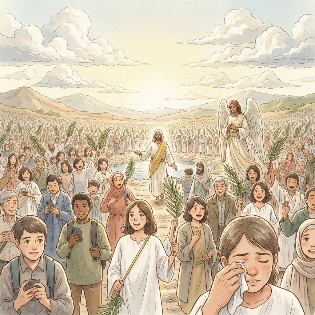 The Sealed Servants and Great Multitude: a painted scene illustrating Revelation 7.