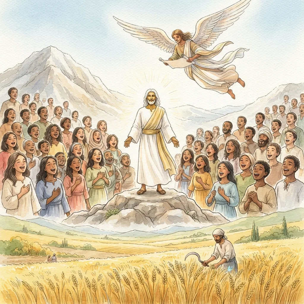 The Lamb and the Harvest: a painted scene illustrating Revelation 14.