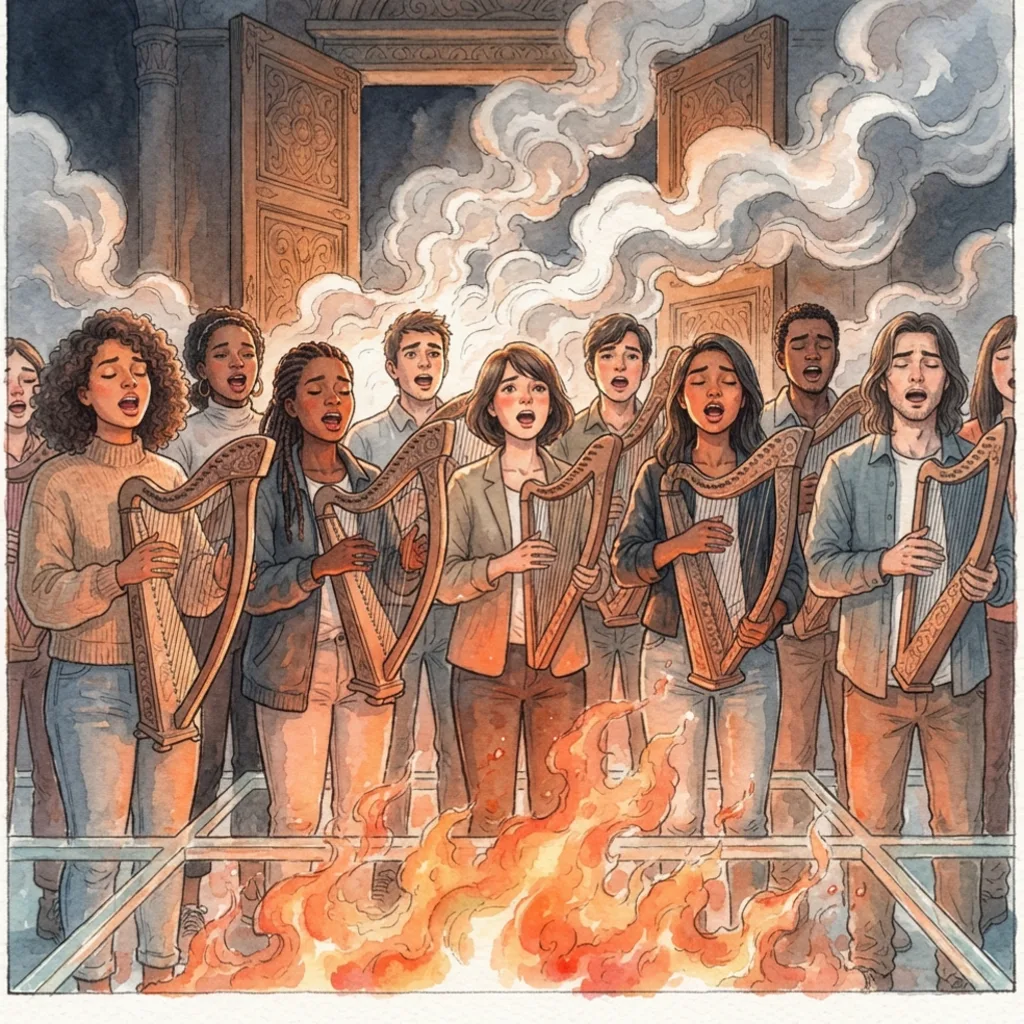 The Seven Last Plagues: a painted scene illustrating Revelation 15.