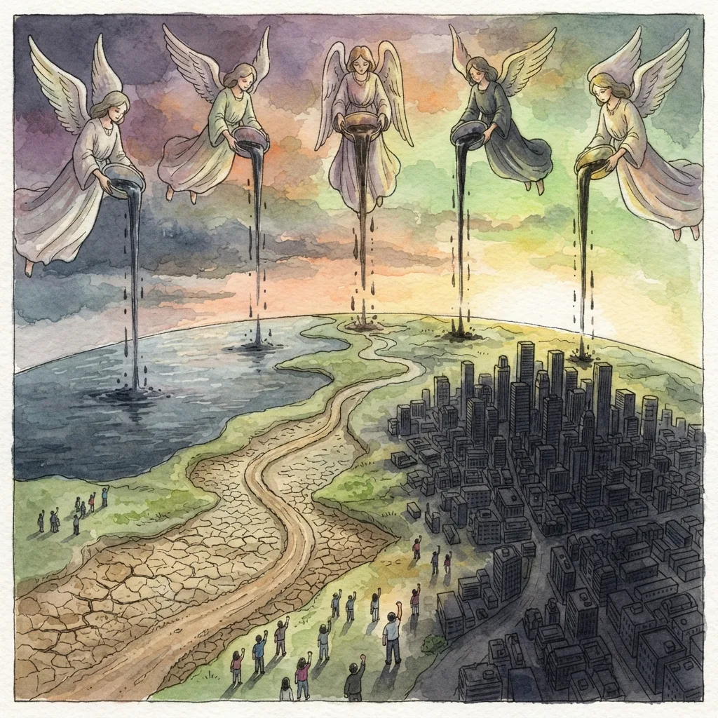 The Seven Bowls of Wrath: a painted scene illustrating Revelation 16.