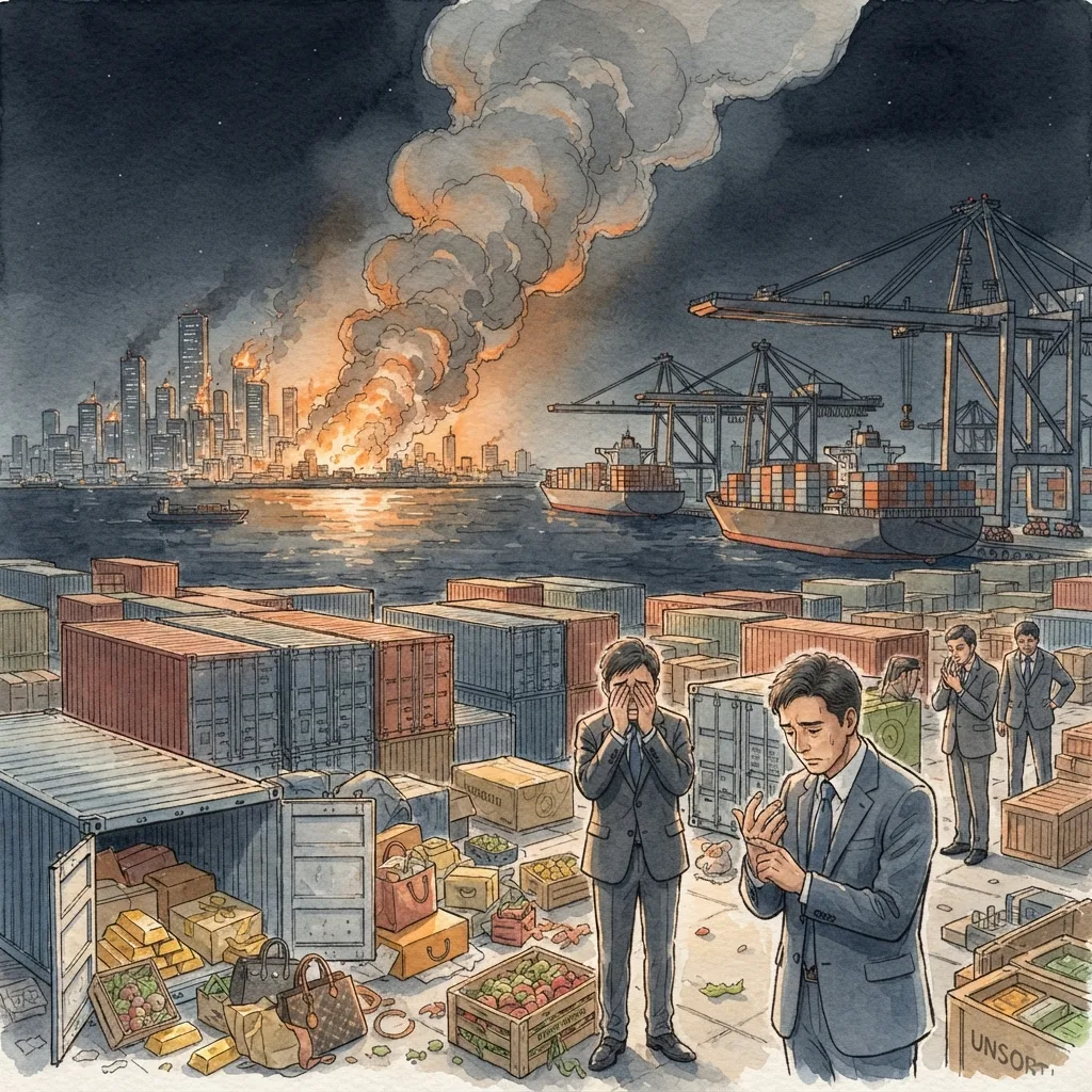 The Fall of Babylon: a painted scene illustrating Revelation 18.