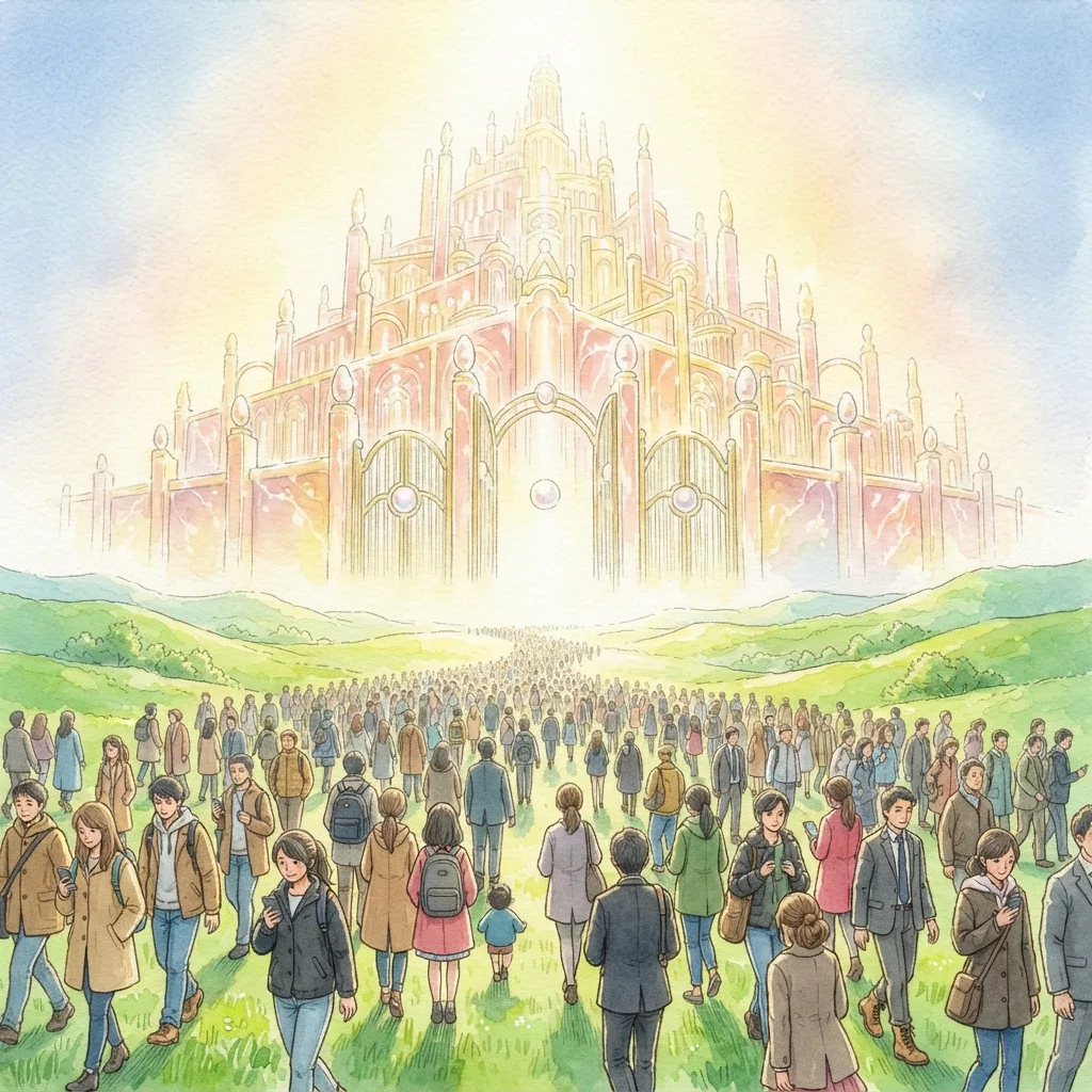 The New Heaven and New Earth: a painted scene illustrating Revelation 21.