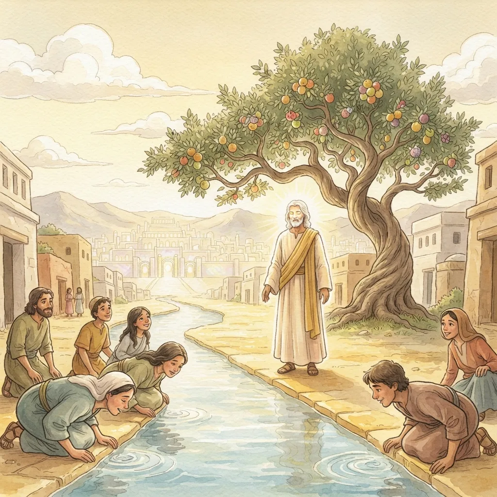 The River of Life and Christ's Promised Return: a painted scene illustrating Revelation 22.