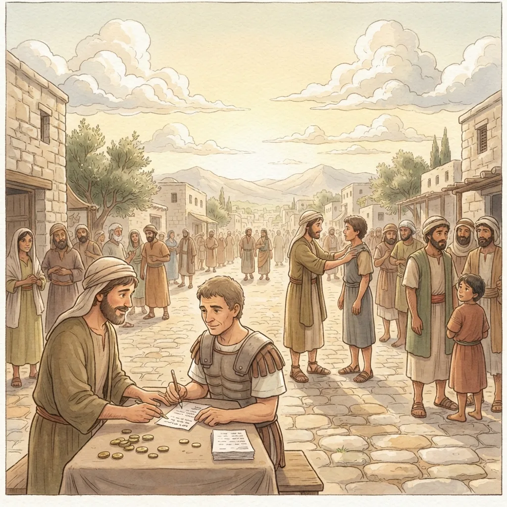 Love and Submission to Authorities: a painted scene illustrating Romans 13.