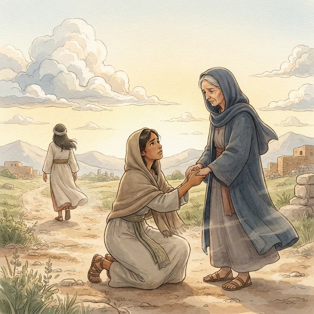 Ruth's Loyalty to Naomi: a painted scene illustrating Ruth 1.