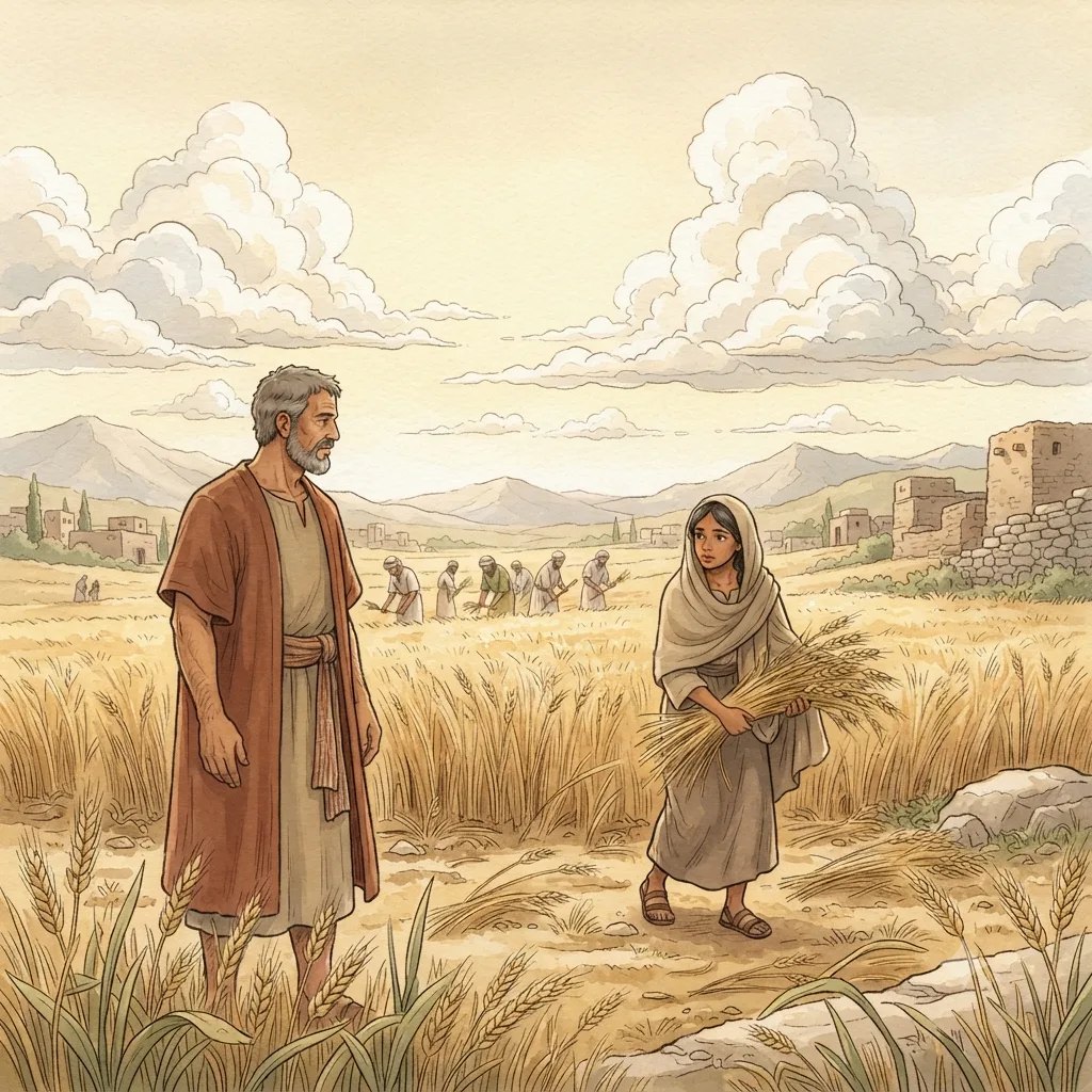 Ruth Meets Boaz: a painted scene illustrating Ruth 2.