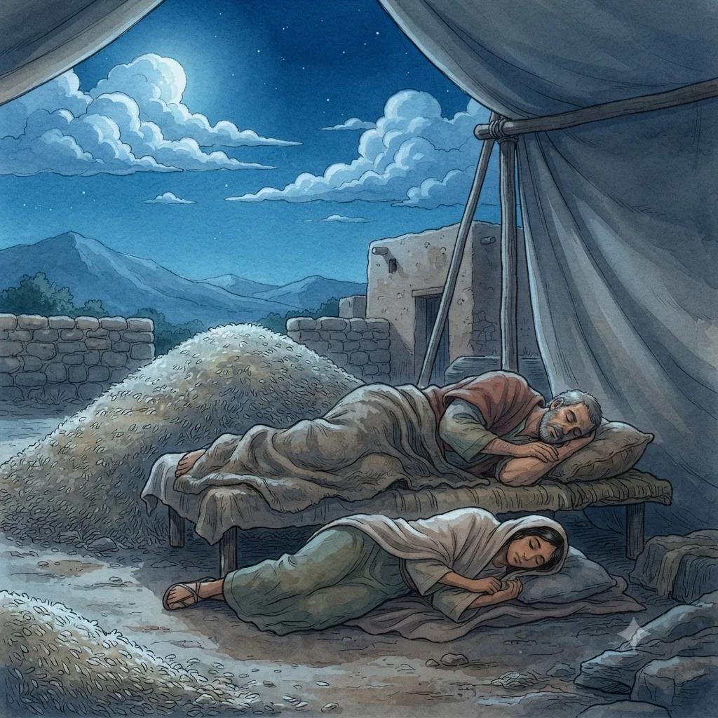 Ruth Seeks a Redeemer: a painted scene illustrating Ruth 3.