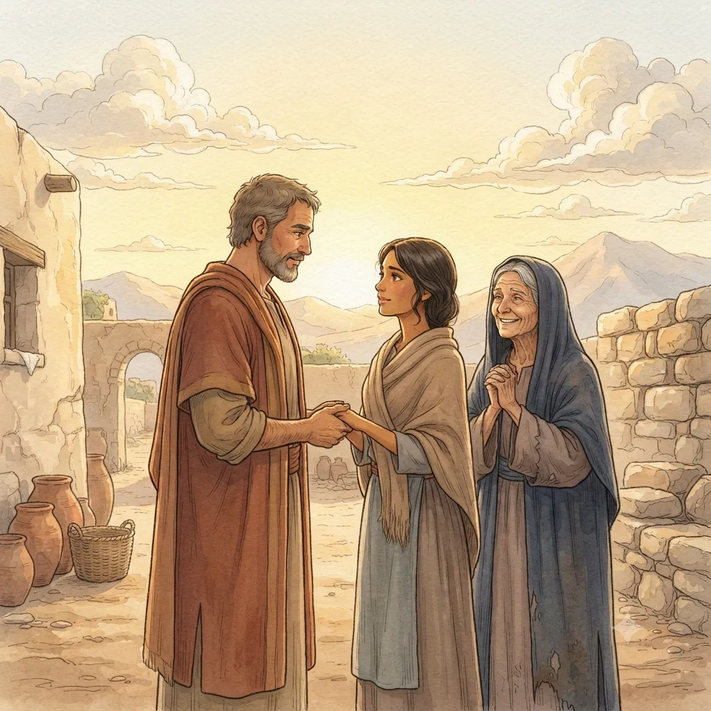 Boaz Redeems Ruth: a painted scene illustrating Ruth 4.