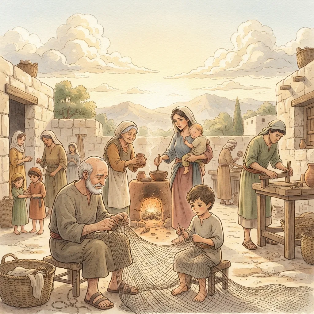 Sound Doctrine and Good Works: a painted scene illustrating Titus 2.