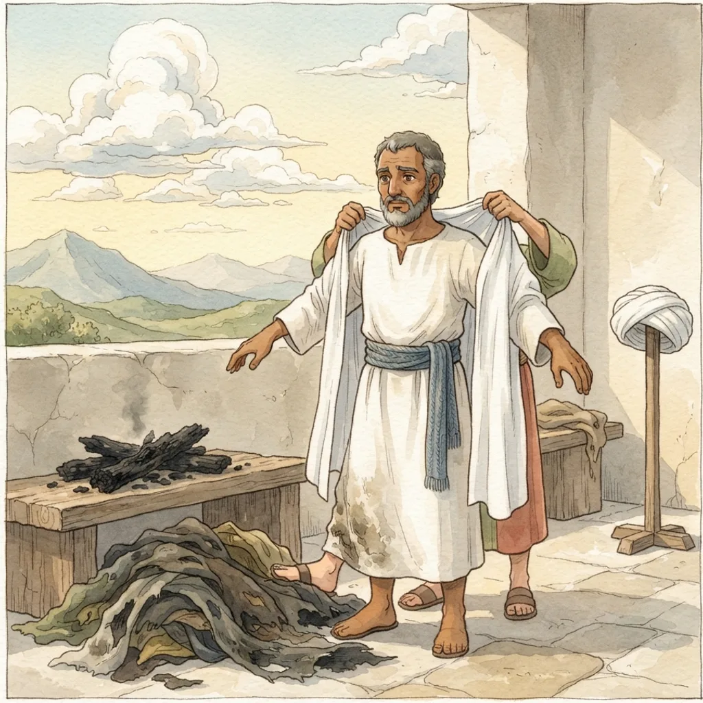 Joshua the High Priest Cleansed: a painted scene illustrating Zechariah 3.