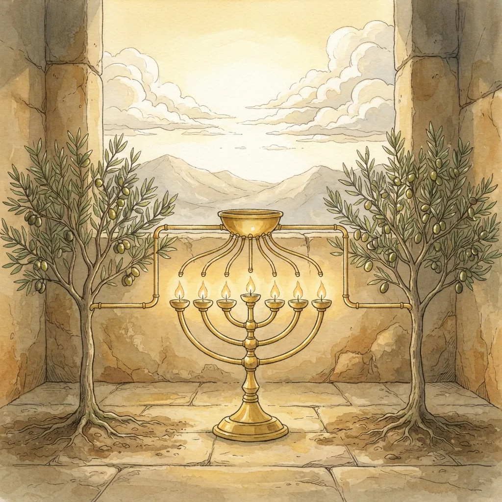 Not by Might, but by My Spirit: a painted scene illustrating Zechariah 4.