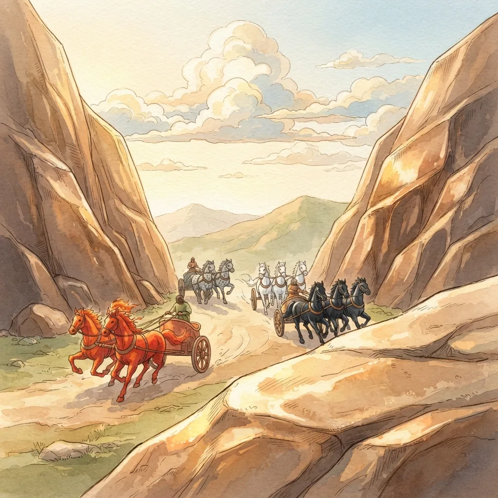 The Four Chariots and the Branch: a painted scene illustrating Zechariah 6.