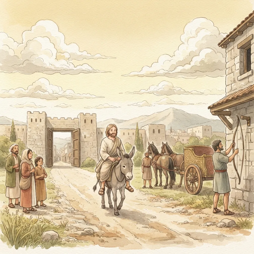 Your King Comes to You: a painted scene illustrating Zechariah 9.